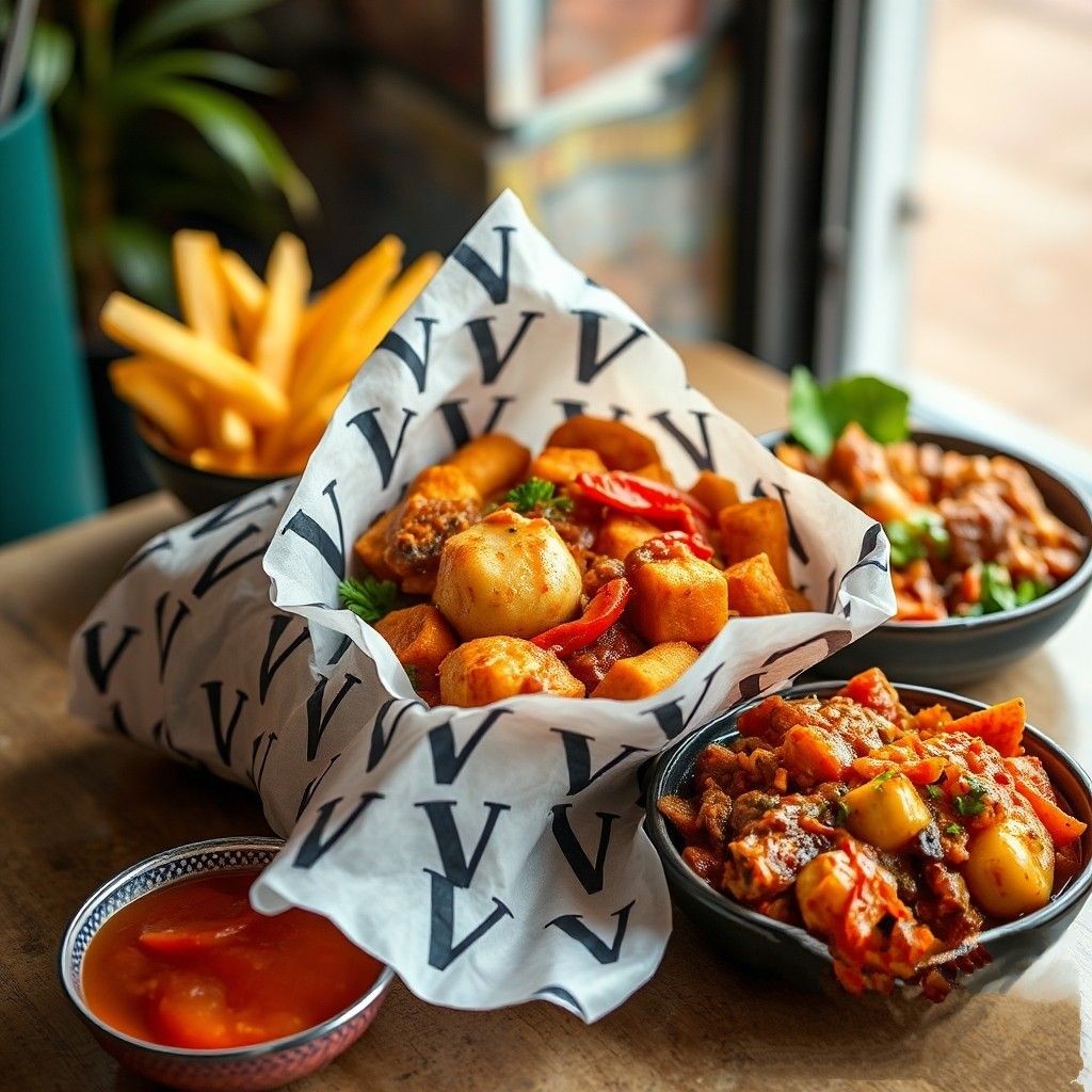 A table with bowls of Korean street food, fries, and dipping sauces.